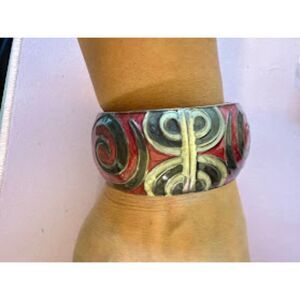 Red black & gray enamel Hinged Cuff Bracelet